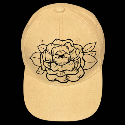 Peony Bloom burned hat burning design on a baseball cap