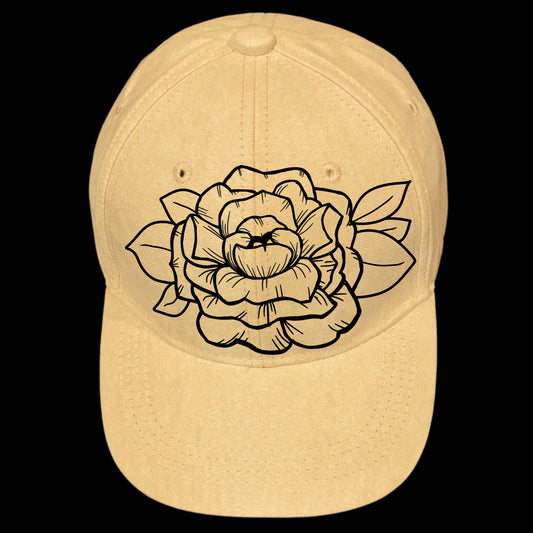 Peony Bloom burned hat burning design on a baseball cap