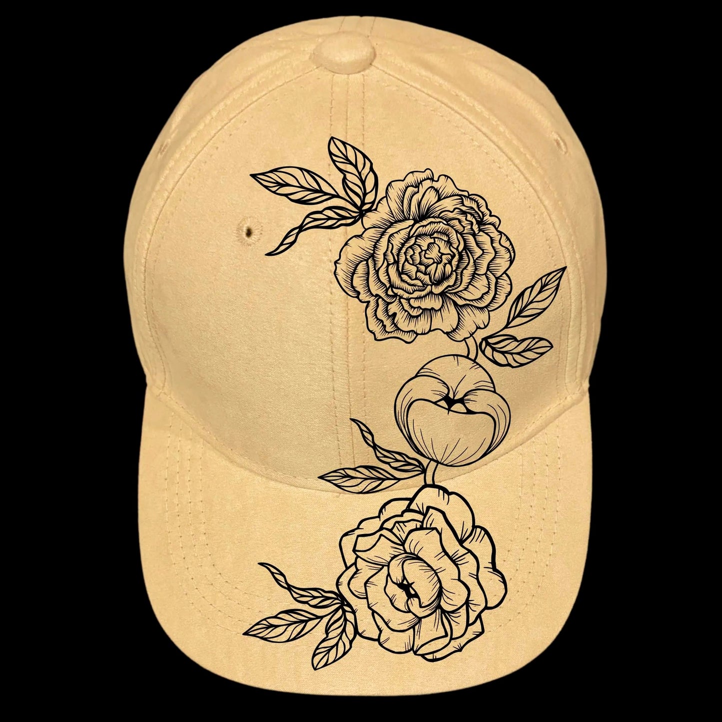 Peony Spray design on a baseball cap