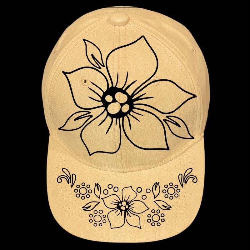 A beige baseball cap with a floral design, featuring a black line drawing of a periwinkle flower and leaves.