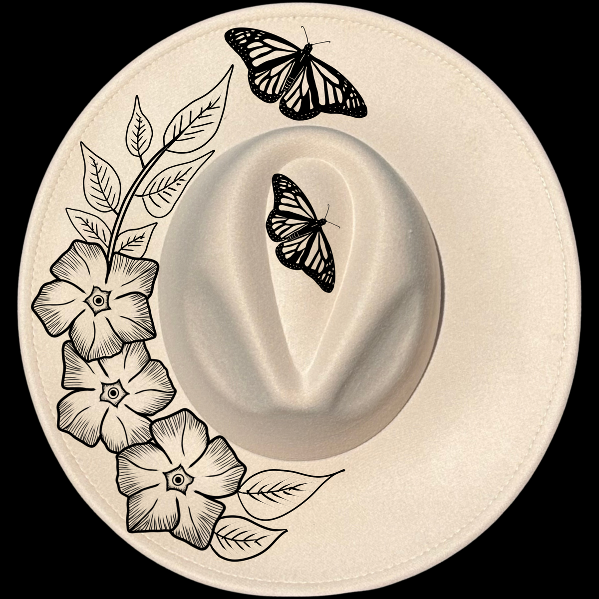 Periwinkle butterflies design on a wide brim hat