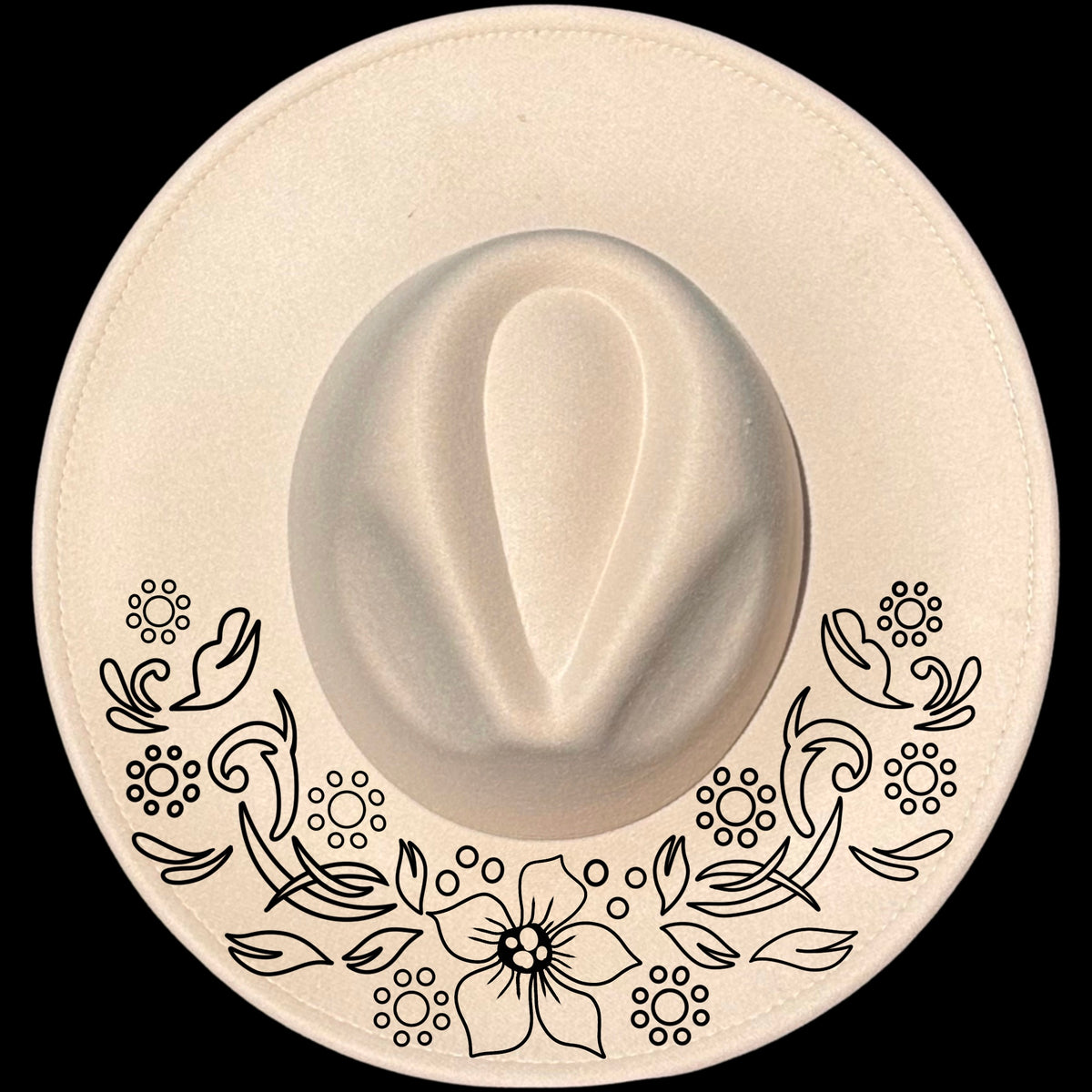 Periwinkle wreath design on a wide brim hat