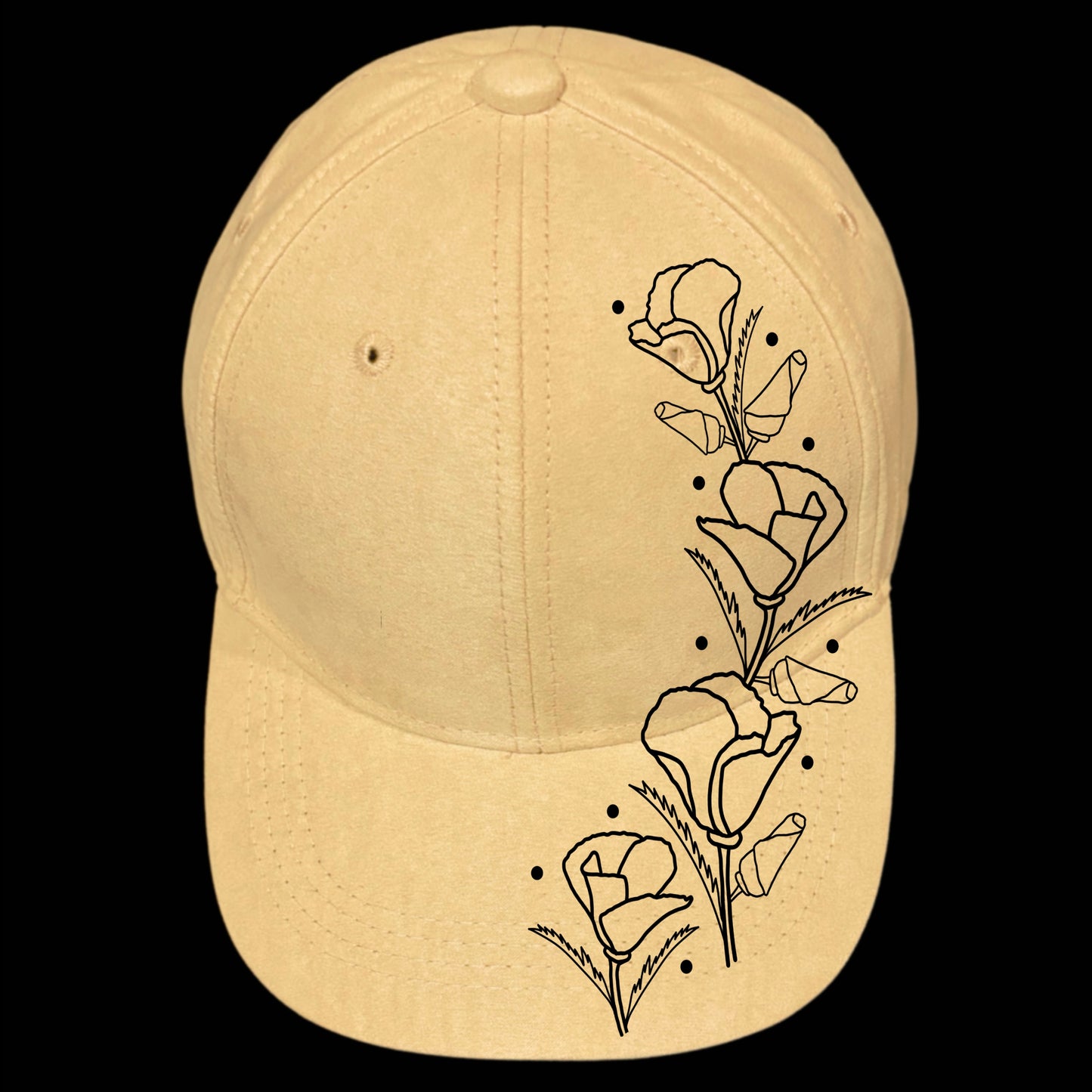 Poppies Blooming burned hat design on a baseball cap