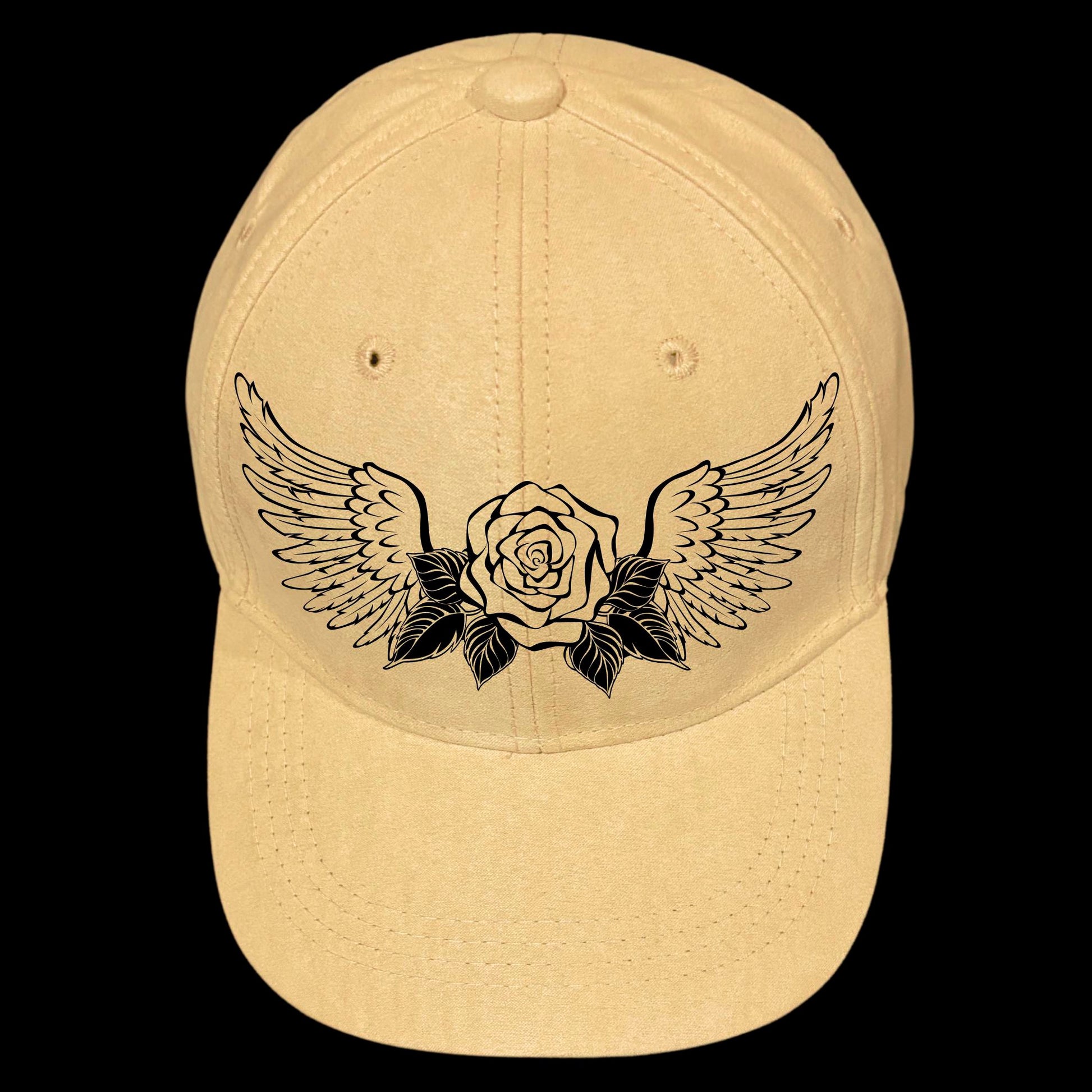 Rose And Wings burned hat burning design on a baseball cap.