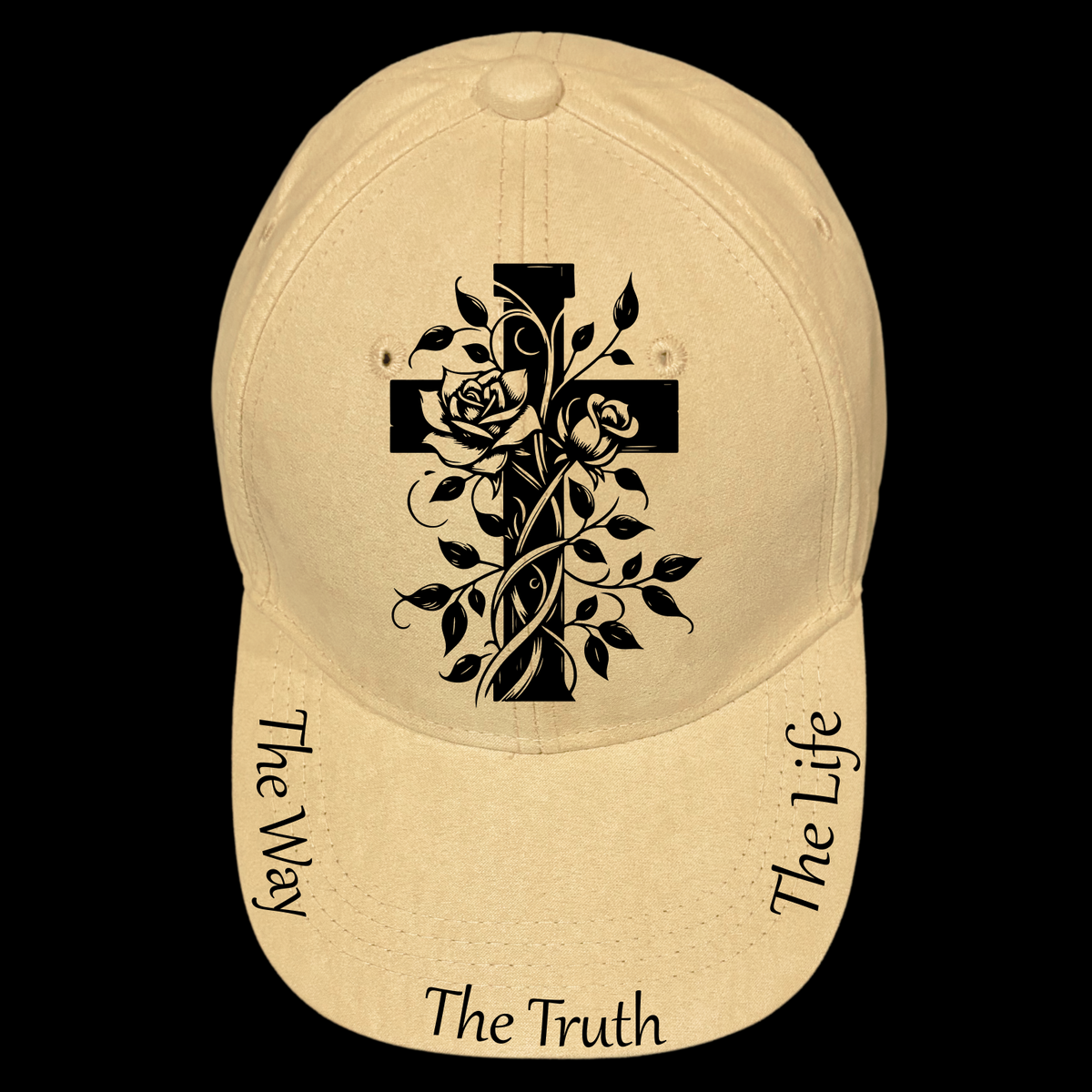 Roses and cross hat burning design on a baseball cap