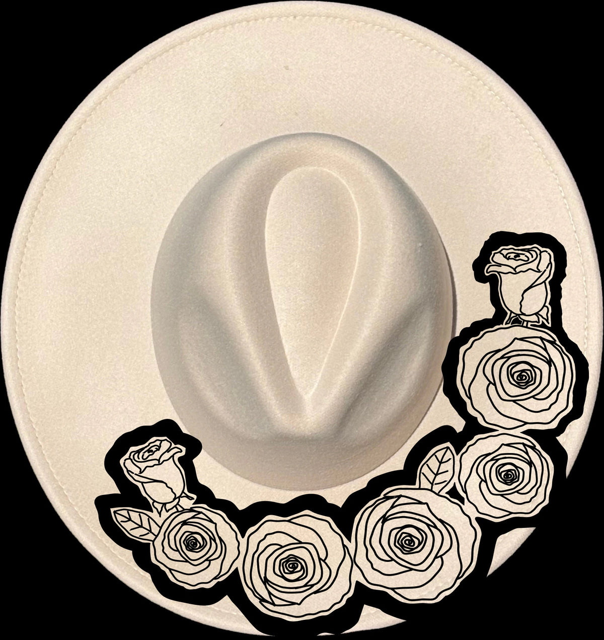 Roses Dark Outline design on a wide brim hat