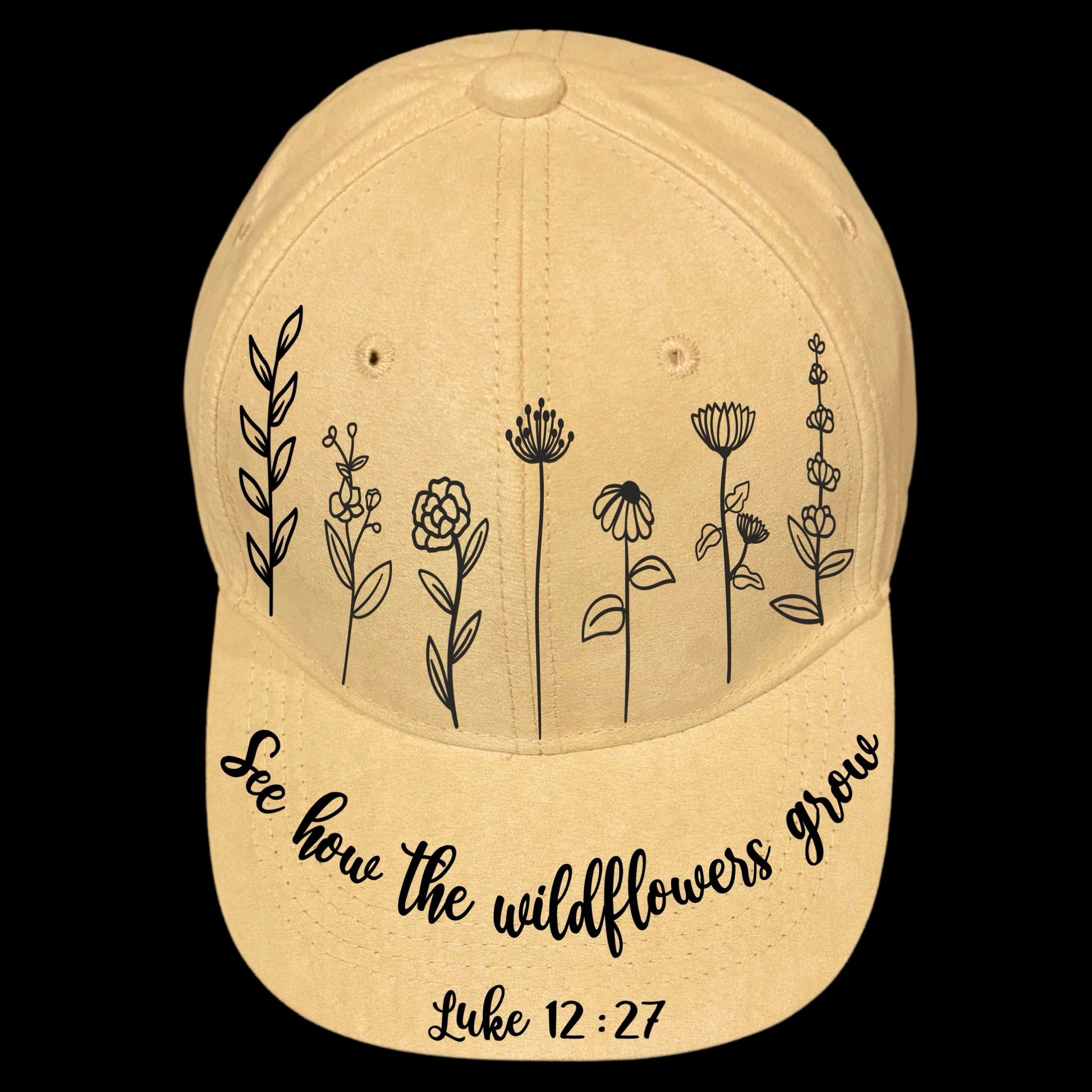 See Wildflowers Grow burned hat design on a baseball cap