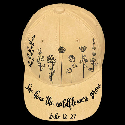 See Wildflowers Grow burned hat design on a baseball cap