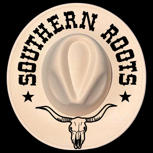 Southern Roots burned hat burning design on a wide brim hat