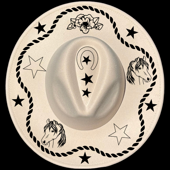 Stars Rope Pony design on a wide brim hat