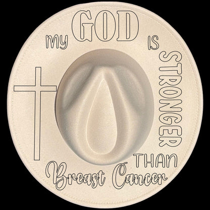 God Is Stronger Than Breast Cancer traced design on a wide brim hat