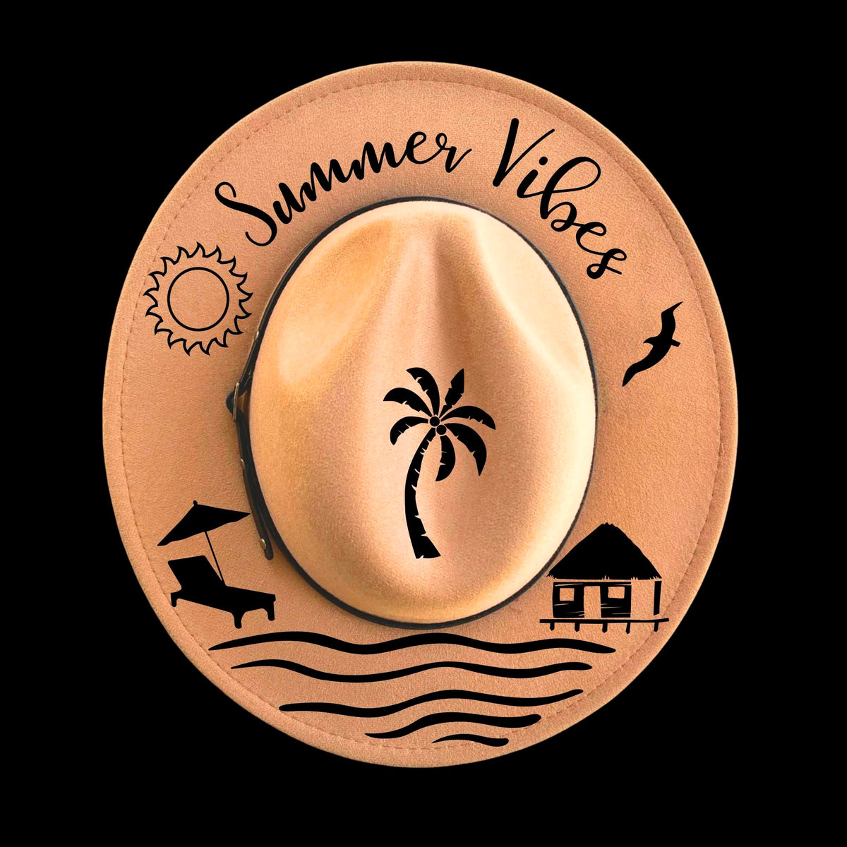 Summertime Vibes burned hat burning design on a narrow brim hat