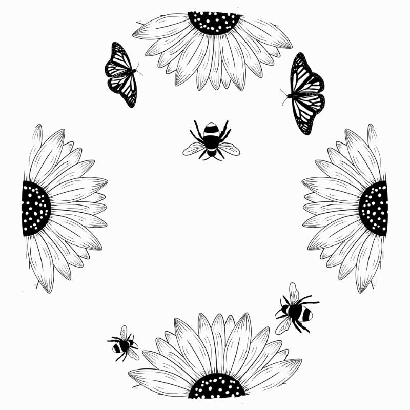 Sunflower bee and butterflies on a white background