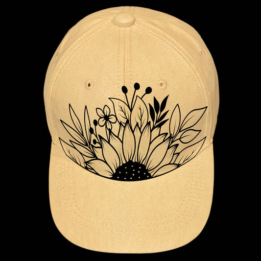 Sunflower Bloom hat burning design on a baseball cap.