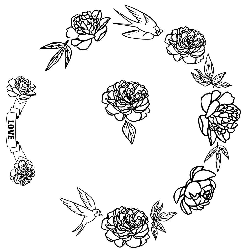 Swallow and Peonies hat burning design