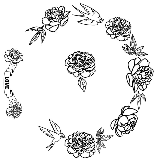 Swallow and Peonies hat burning design