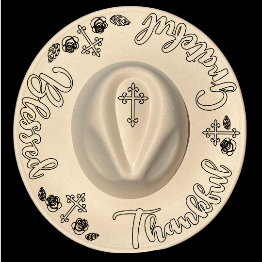 Thankful Grateful Blessed hat burning design on a wide brim hat