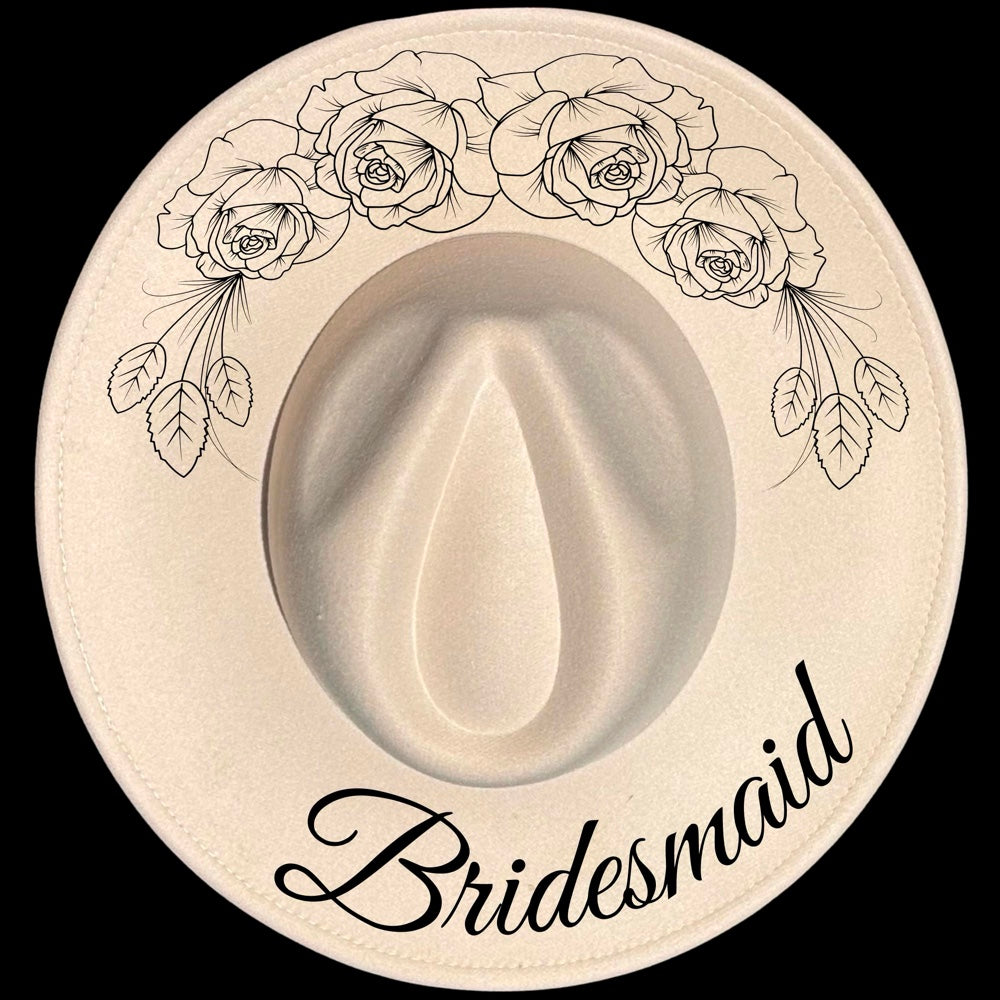 Bridesmaid Vintage Rose burned hat burning design on a wide brim hat