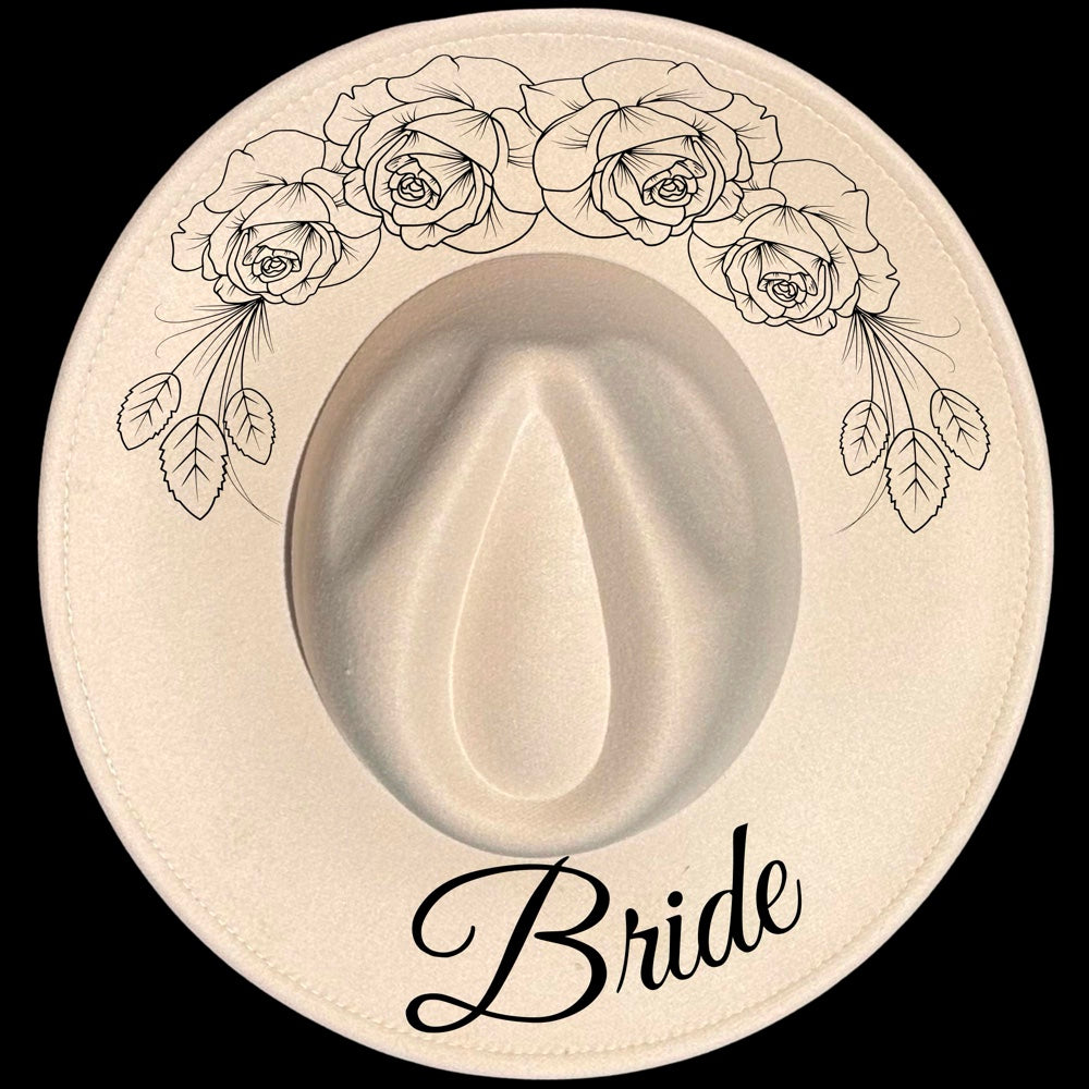 Bride Vintage Rose burned hat burning design on a wide brim hat