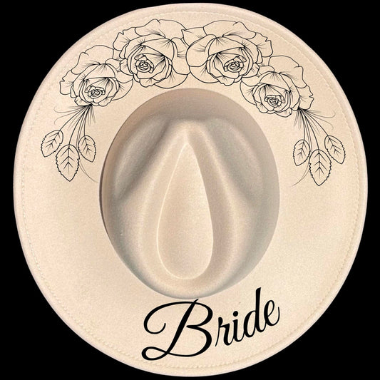 Bride Vintage Rose burned hat burning design on a wide brim hat