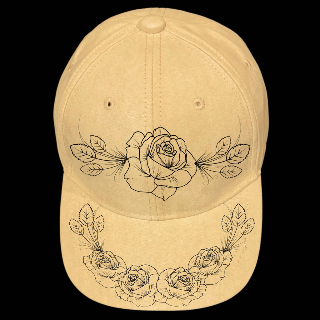 Vintage Roses burned hat burning design on a baseball cap.