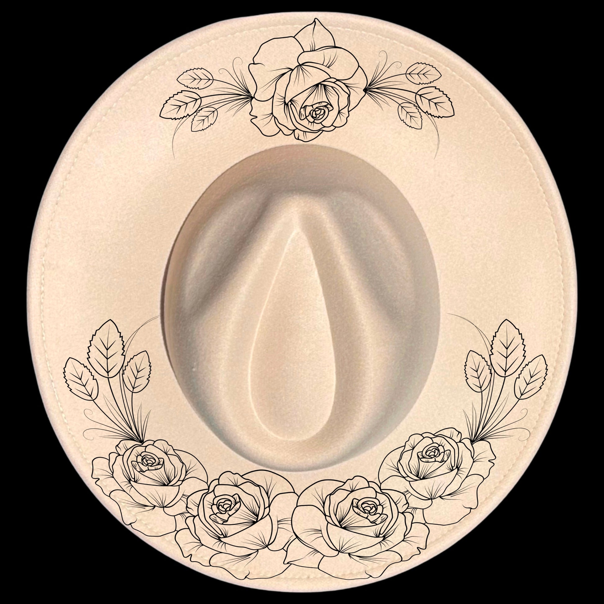 Vintage Roses burned hat burning design on a wide brim hat.