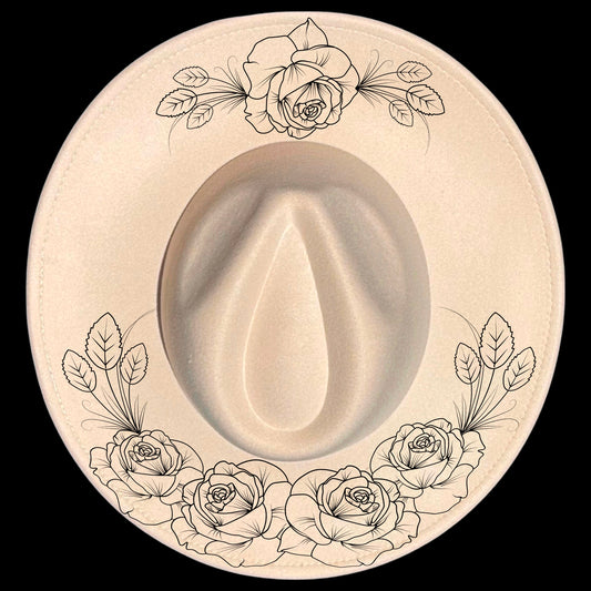 Vintage Roses burned hat burning design on a wide brim hat.