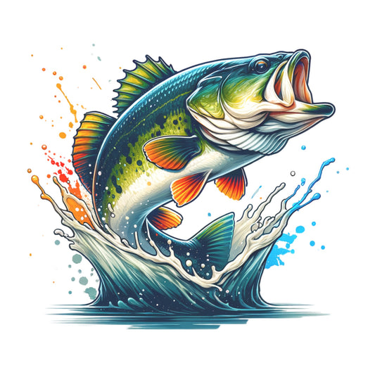 Colorful illustration of a largemouth bass leaping out of water with splashes on a white background