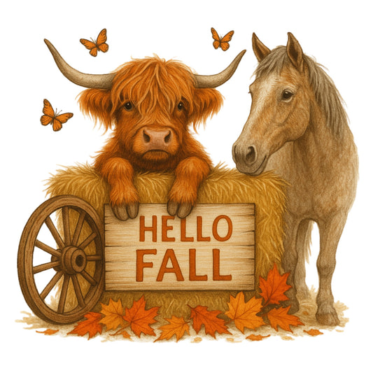 Hello Fall Highland Cow Graphic Design PNG JPG