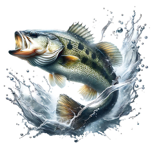 Illustration of a smallmouth bass leaping and splashing in water on a white background
