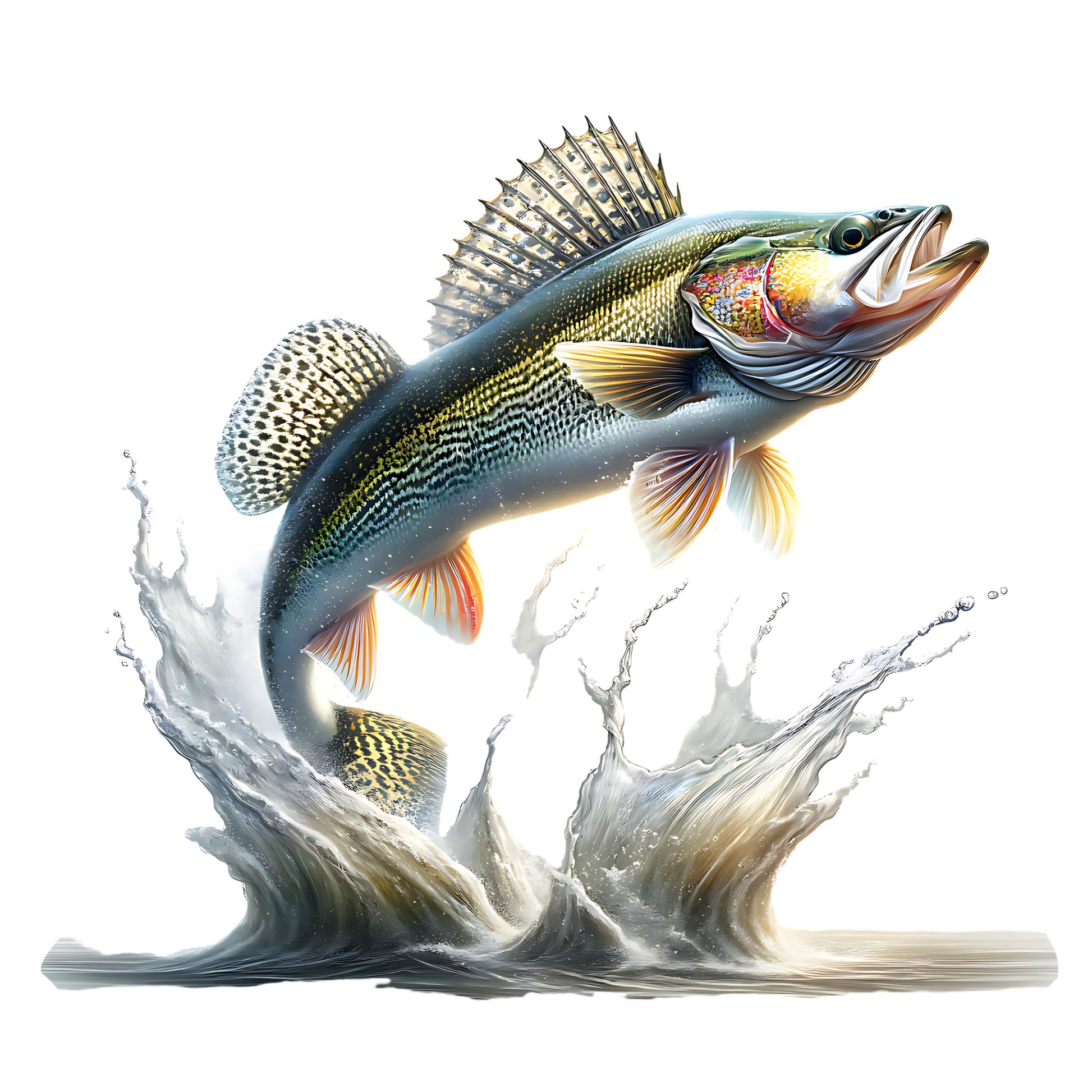 Colorful walleye fish leaping out of water with a white background
