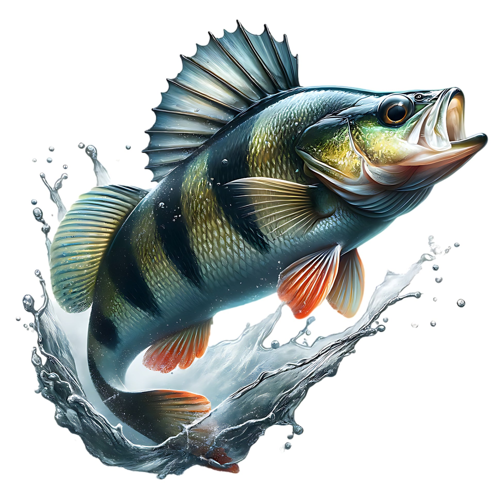 Colorful perch fish with a splash of water on a white background