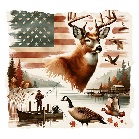 Illustration of a deer with an American flag, hunter, boats, and birds in a nature setting.