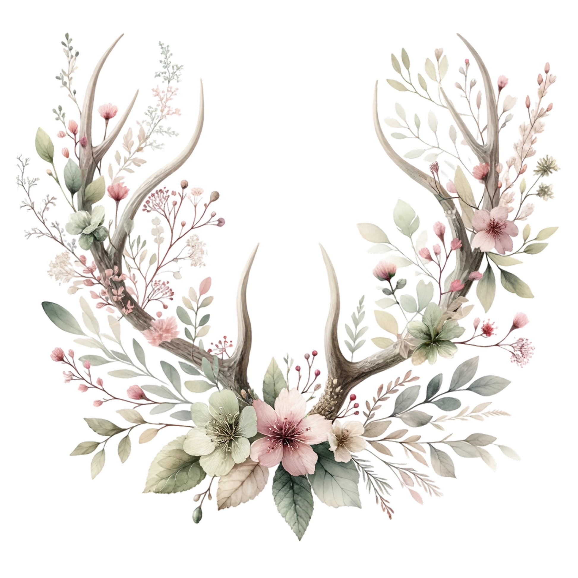 Decorative design of antlers with floral and leaf elements on a white background
