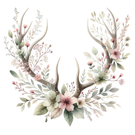 Decorative design of antlers with floral and leaf elements on a white background