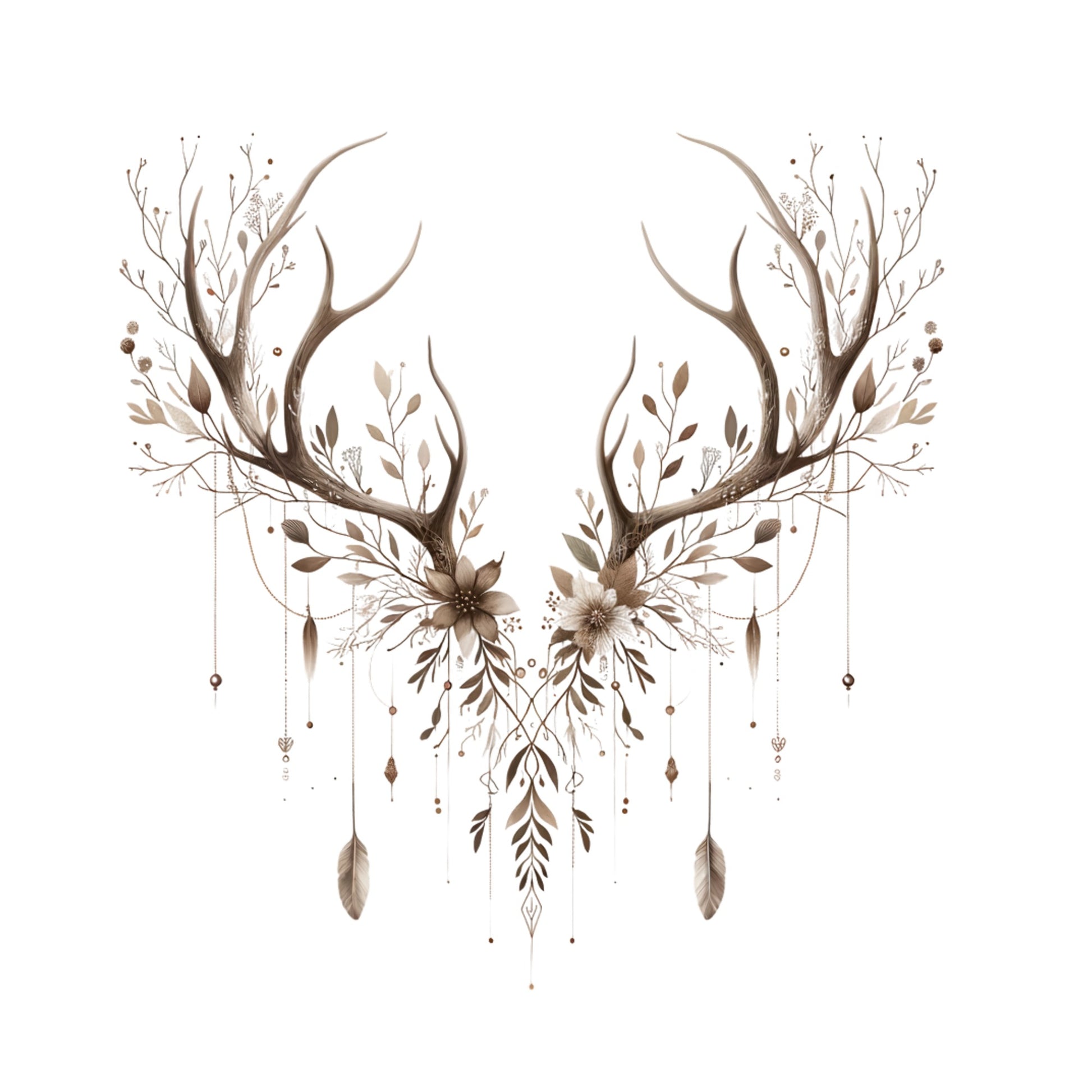 Decorative antlers with floral elements and feathers on a white background