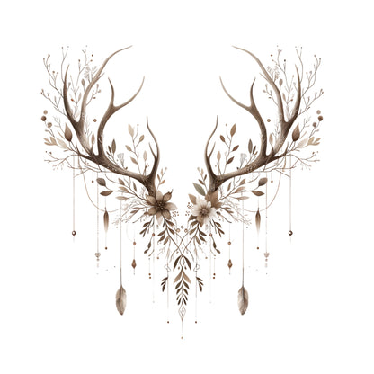 Decorative antlers with floral elements and feathers on a white background
