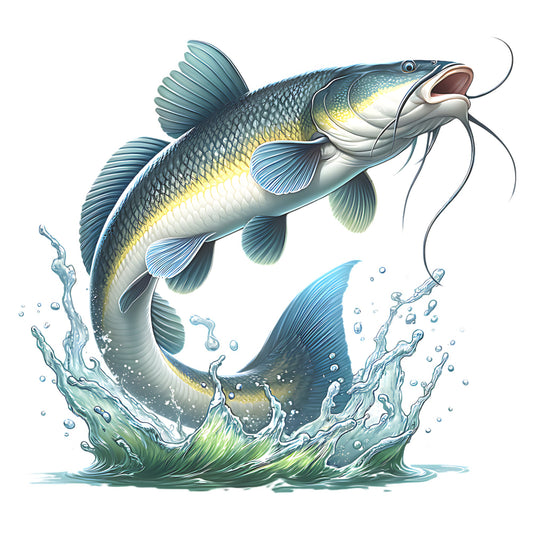 Illustration of a catfish leaping out of water with splashes on a white background