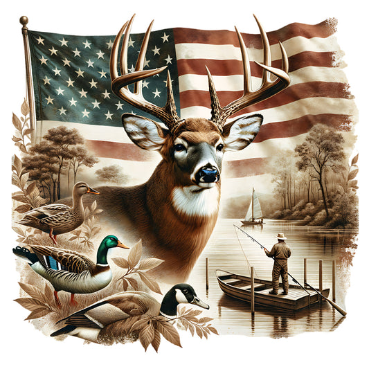Deer with antlers in front of an American flag, surrounded by ducks and a fisherman on a boat.