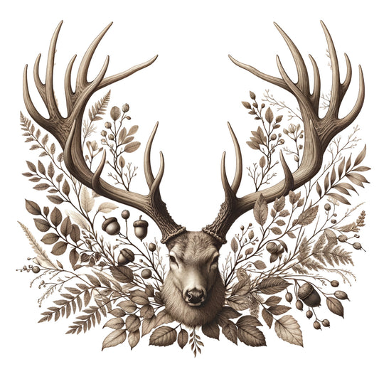 Decorative illustration of a deer head with large antlers surrounded by foliage on a white background