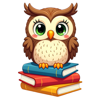 Cartoon owl perched on a stack of books with a white background