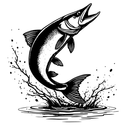 Black and white illustration of a muskie leaping fish with water splashes on a white background