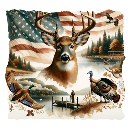 Digital design with a deer, American flag, and nature scene.