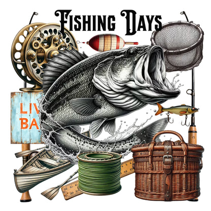 Illustration of a fish with fishing equipment and 'Fishing Days' text on a white background