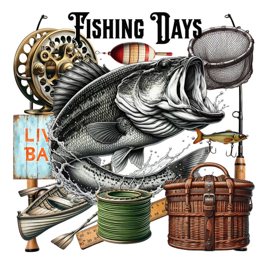 Illustration of a fish with fishing equipment and 'Fishing Days' text on a white background