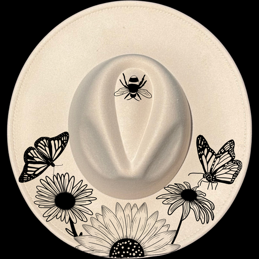 Wildflowers Butterflies Bee design on a wide brim hat
