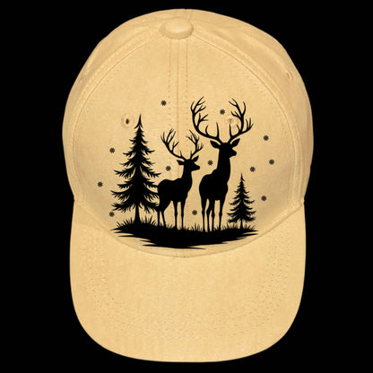 Winter Deer burned hat burning design on a baseball cap.