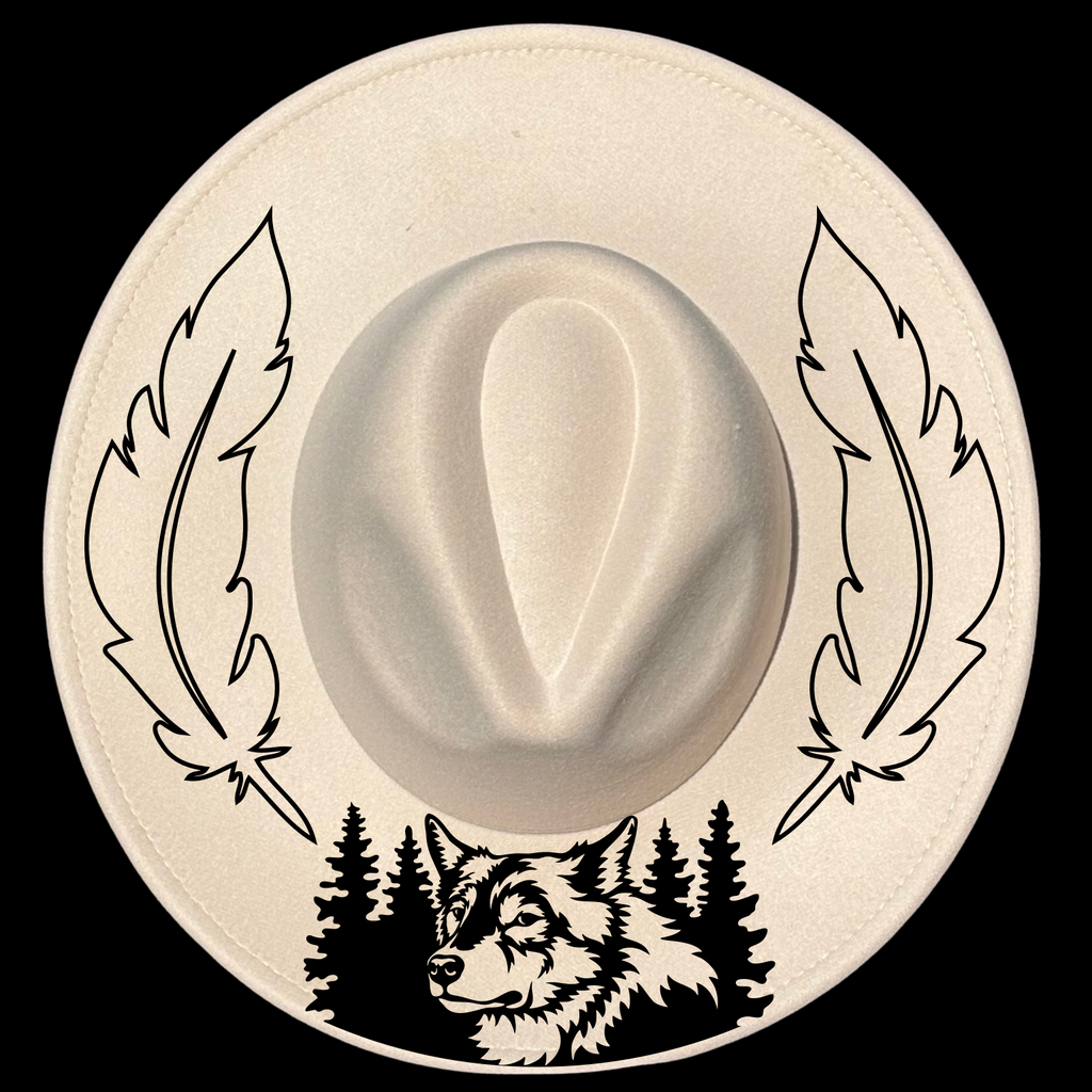 Wolf Feathers design on a wide brim hat
