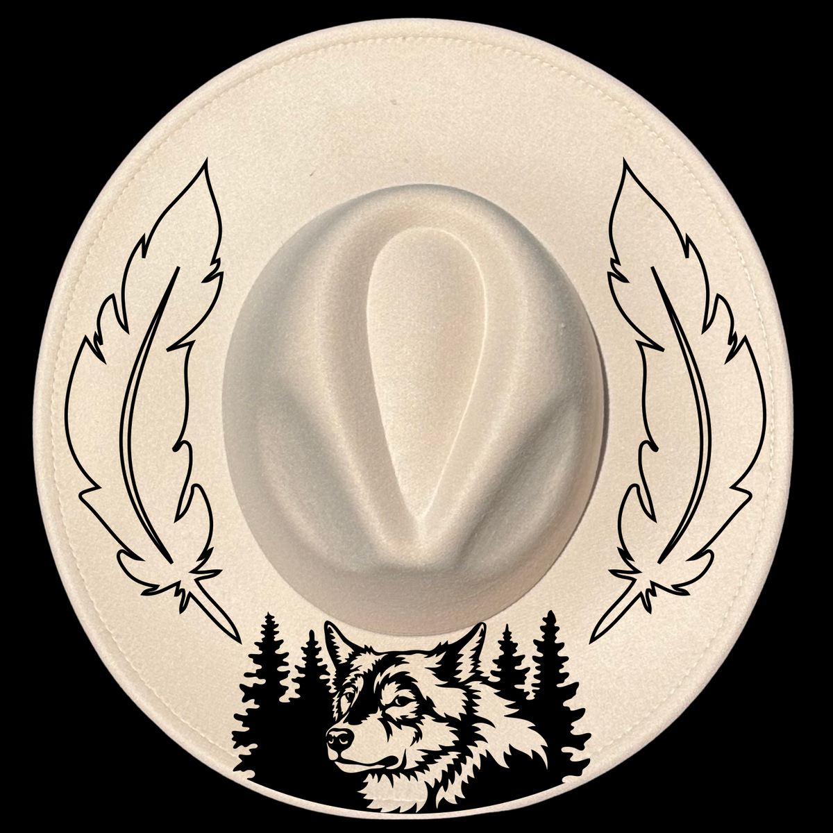 Wolf Feathers design on a wide brim hat