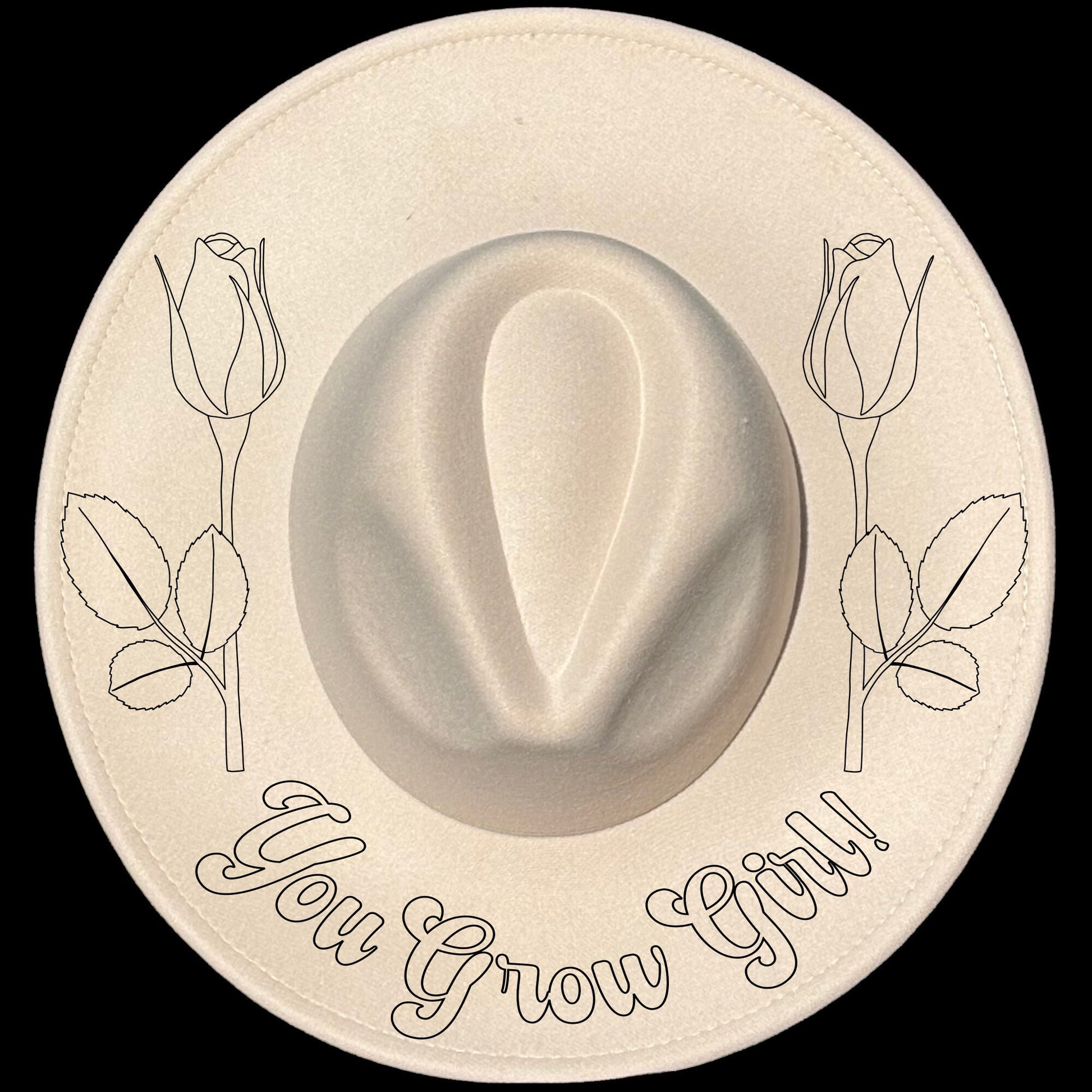 You Grow Girl Roses design on a wide brim hat